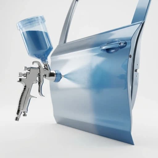 Spray gun applying blue automotive paint to a vehicle door