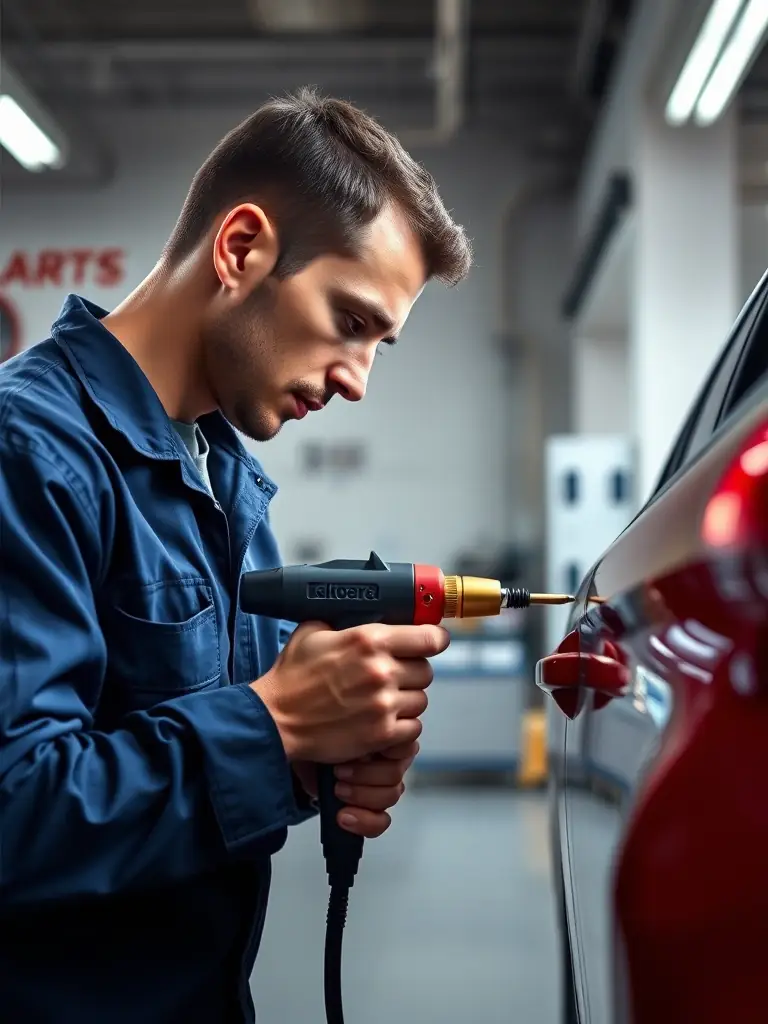 A photo of a technician using specialized tools to carefully remove a dent from a car door, highlighting ProAutoBody's dent removal expertise.