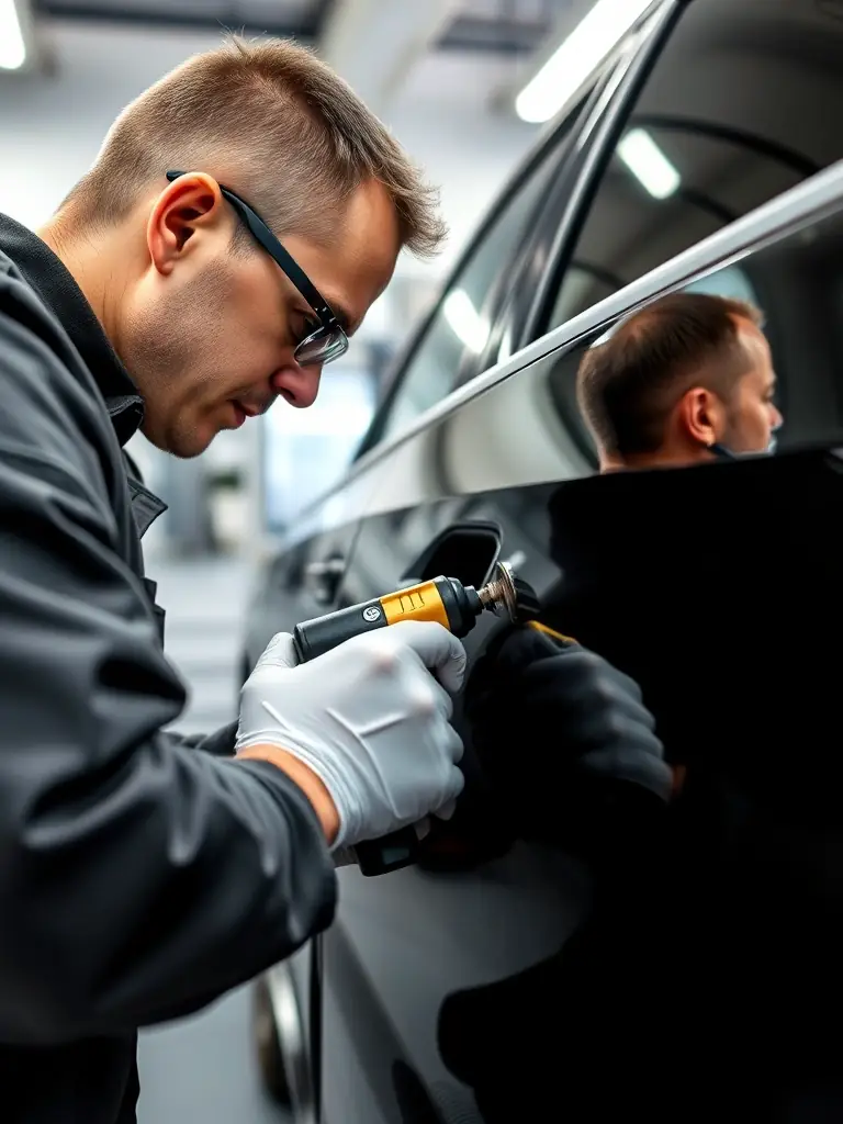 Close-up of a technician expertly removing a dent from a car door panel, highlighting the precision of ProAutoBody's dent removal process.