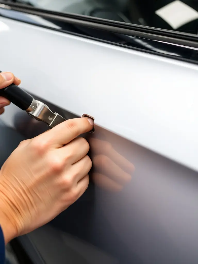 A technician carefully repairing a car's damaged door in a modern, well-equipped workshop.