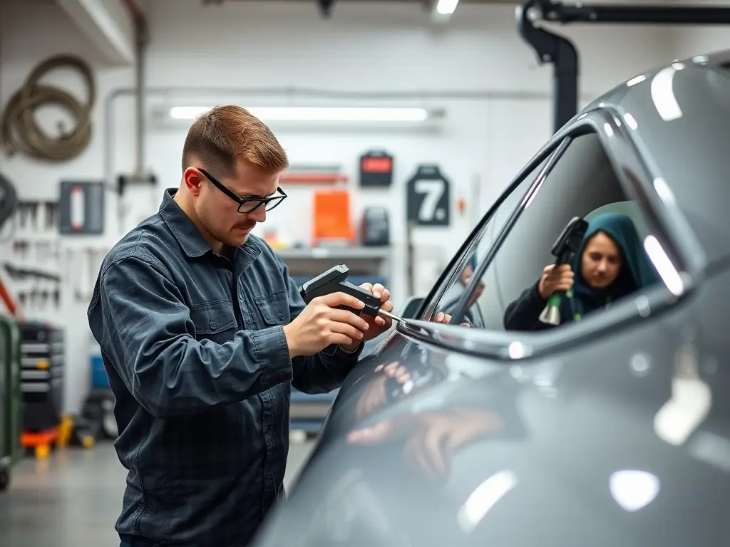 A technician using specialized tools to perform paintless dent removal on a car door, showcasing the precision and care taken to preserve the original paint finish at PROAUTOBODY.