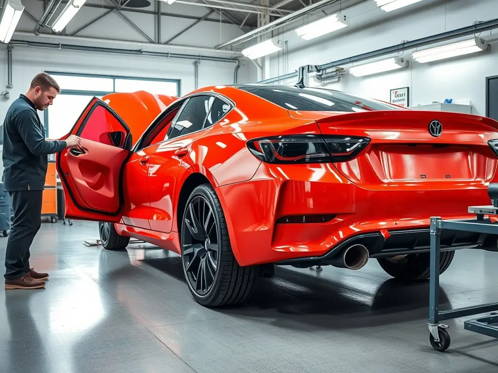 A professional auto body technician expertly matching the paint color on a car in a well-lit, modern PROAUTOBODY facility, ensuring a seamless finish.