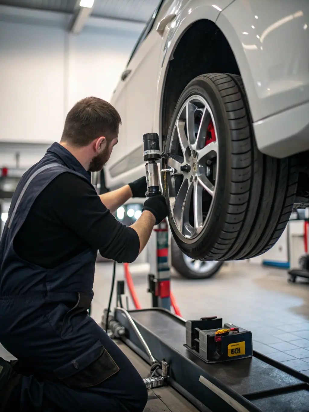 A car being carefully aligned and repaired after a collision in a professional repair bay.