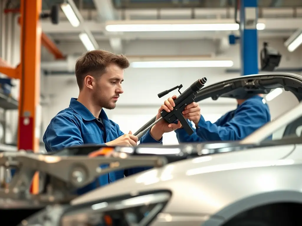 A technician repairing a car frame in a modern auto body shop, showcasing the collision repair process.