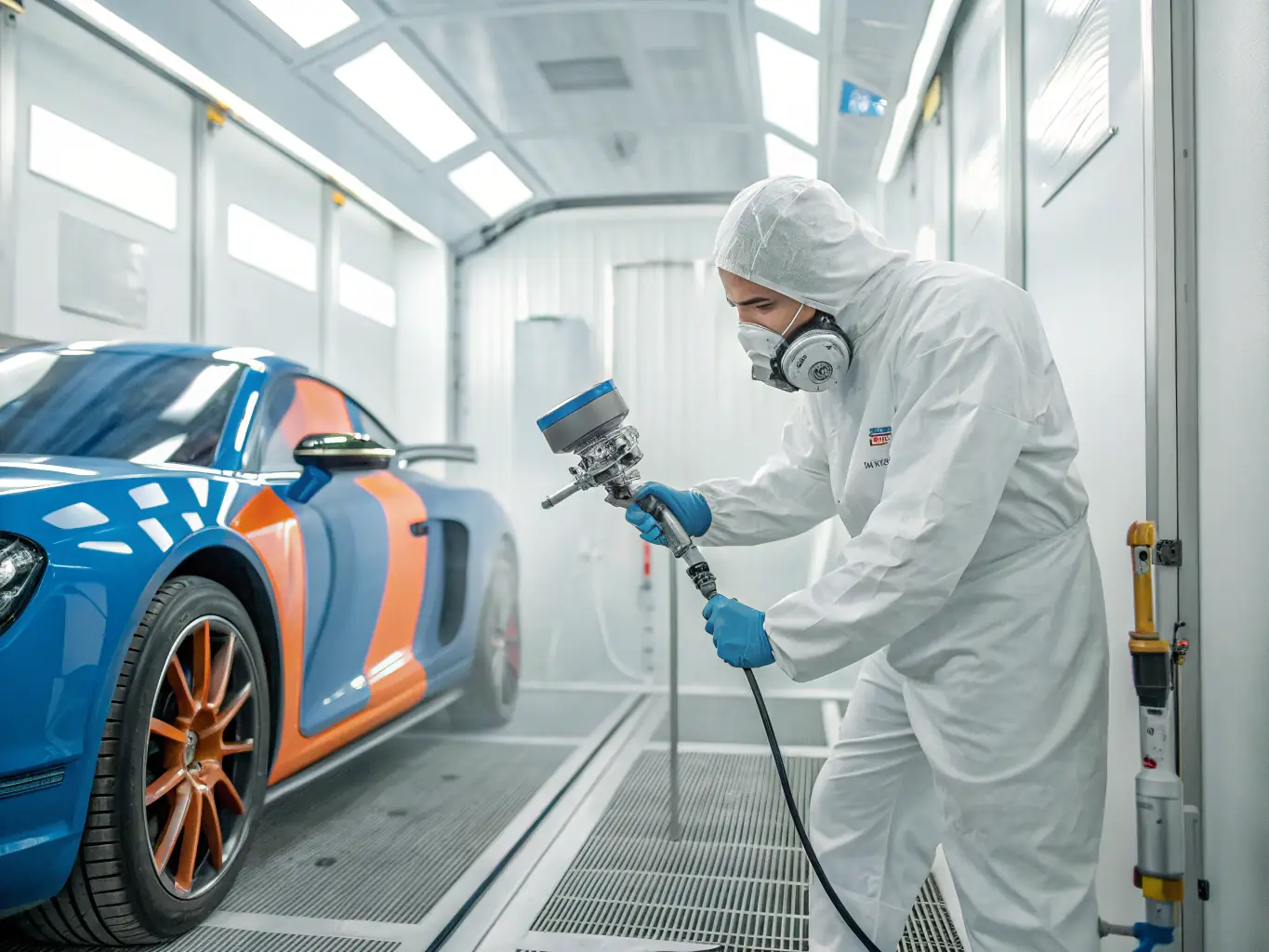 A technician applying a fresh coat of paint to a car in a spray booth, demonstrating the professional painting services.