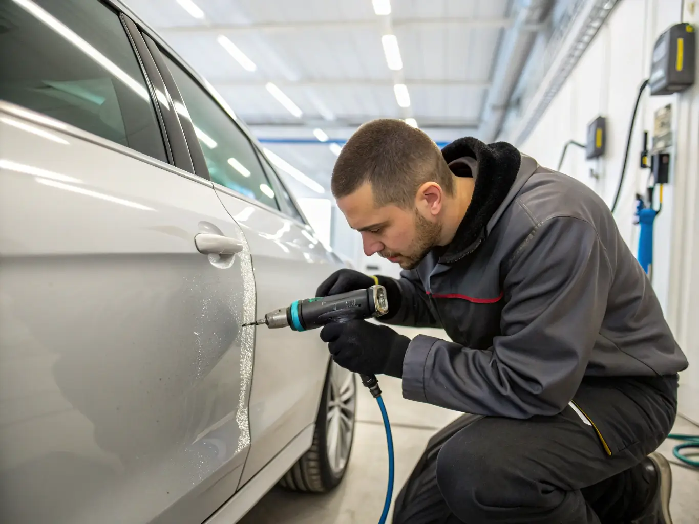 Close-up of a technician carefully removing a dent from a car door panel, demonstrating our Paintless Dent Removal service.