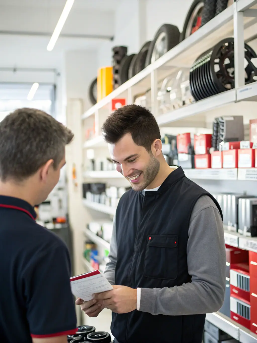 A friendly ProAutoBody staff member assisting a customer with their insurance claim paperwork, emphasizing the shop's commitment to hassle-free service.