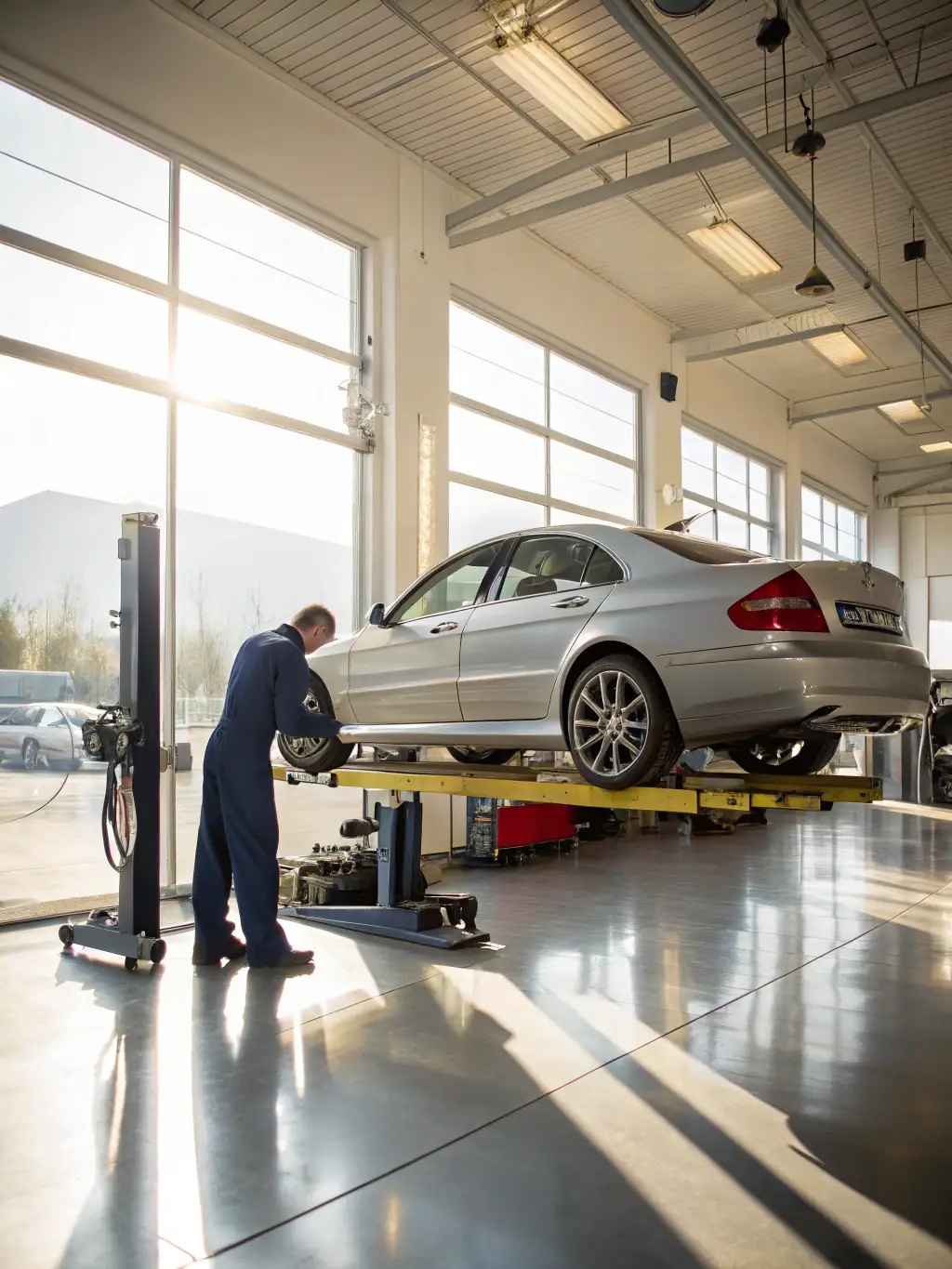 A car getting a new paint job in a modern, well-equipped workshop.