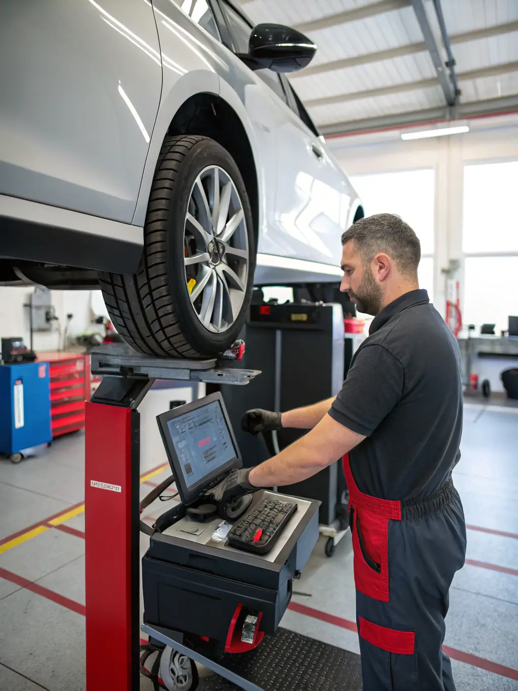 A digitally enhanced image showcasing a vehicle undergoing frame straightening at Pro Auto Body Inc, with advanced equipment visible and a technician ensuring precise alignment.