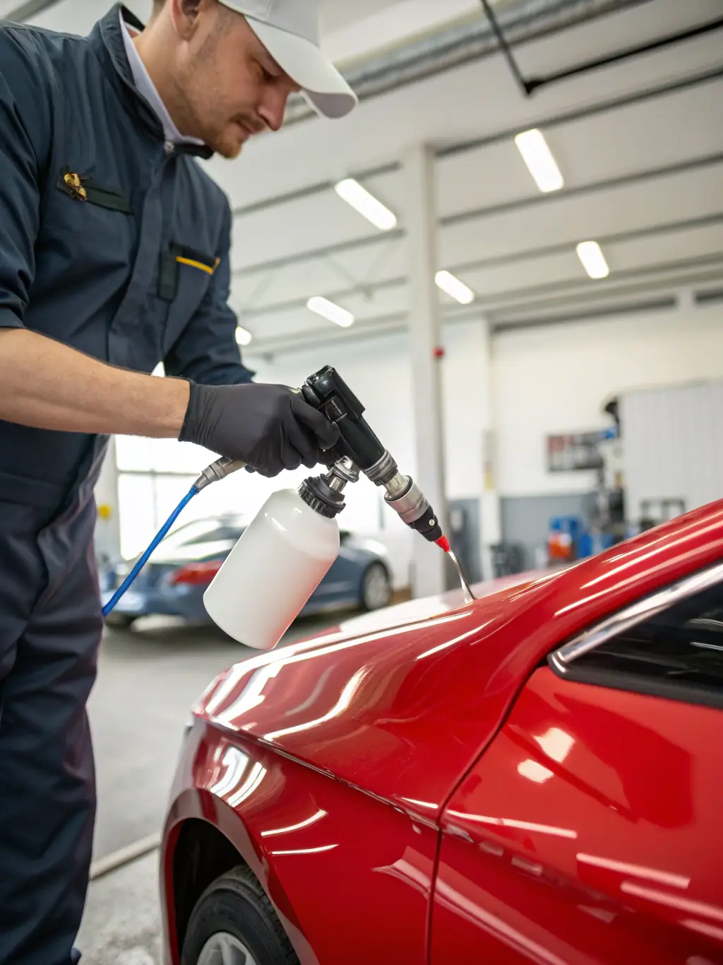 A high-definition photo of a Pro Auto Body Inc technician expertly applying a custom paint finish to a car door in a controlled environment.