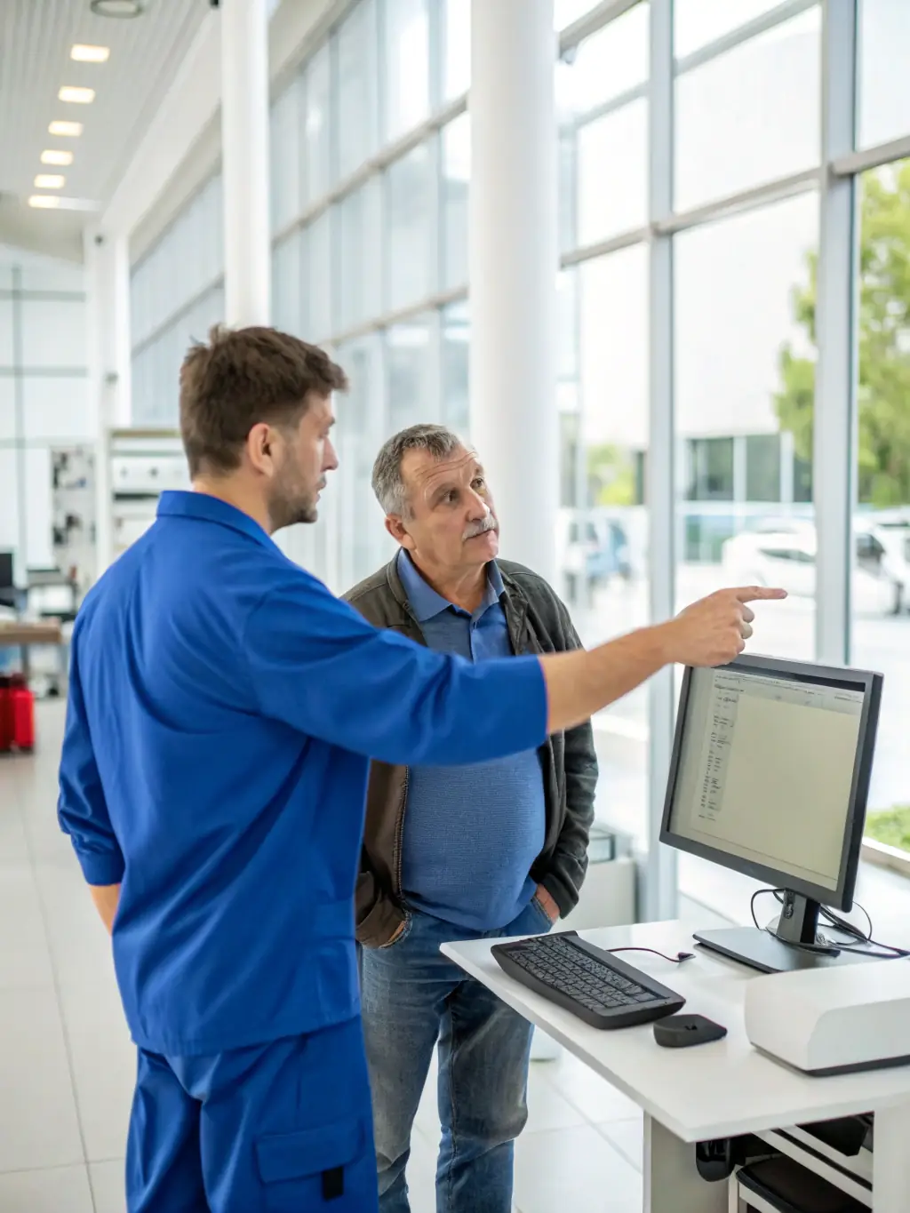 A customer consulting with a technician while reviewing insurance documents, illustrating ProAutoBody's support for insurance claims.
